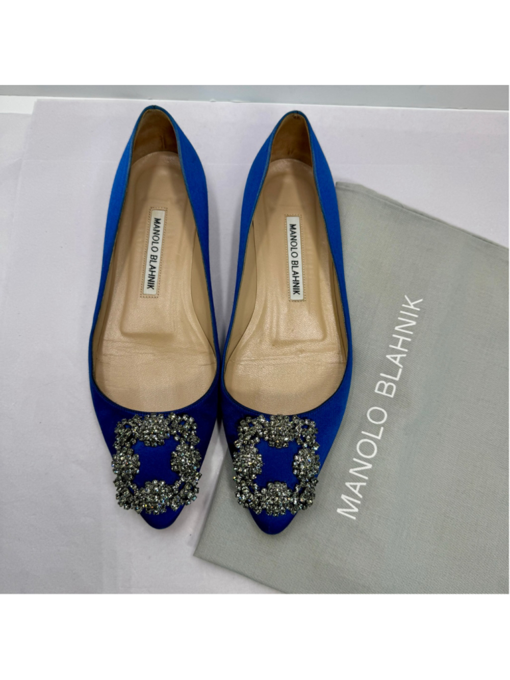 Manolo Blahnik Hangisi Jewel Embellished Blue Satin Flats Women’s 35.5 EU 5.5 US